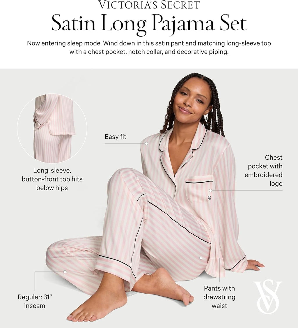 Victoria's Secret Satin Pajama Set, Long Sleeve Button Down Shirt & Pants, Sleepwear for Women (XS-XXL)