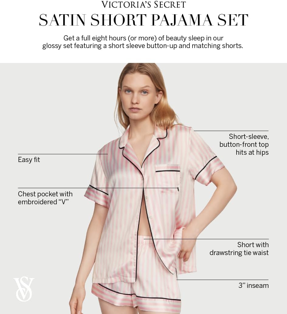 Victoria's Secret Satin Pajama Set, Short Sleeve Button Down Shirt & Shorts, Sleepwear for Women (XS-XXL)